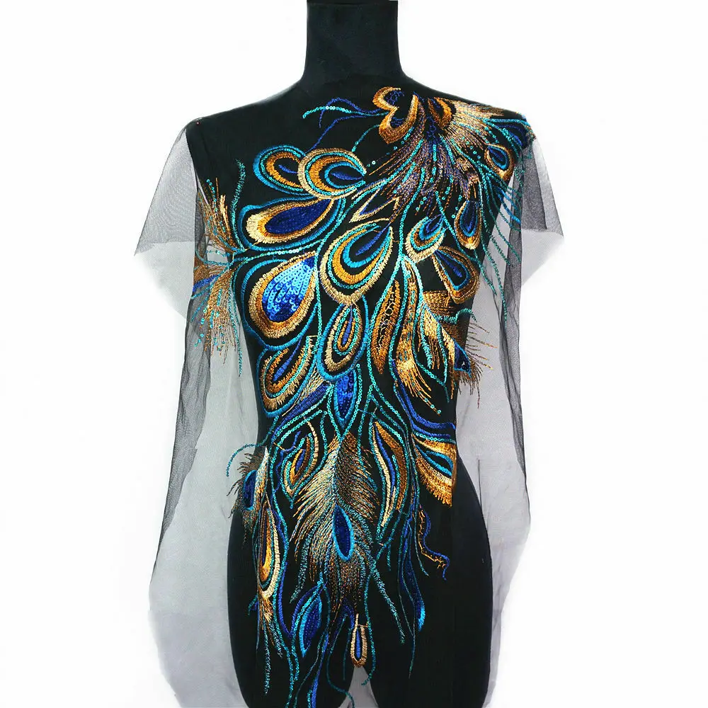 Red Blue Sequins Embroidered Phoenix Peacock Appliques Patches Mesh Lace Sew on Clothing