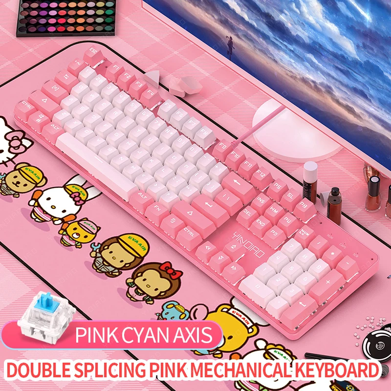 

New Girly Pink Punk Gaming Mechanical Wired Keyboard 104-Key USB Interface White Backlight is Suitable for Gamers PC Laptops