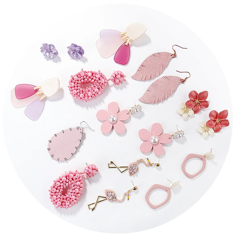 

AENSOA Unique Design Pink Series Geometric Earrings For Women Flower Leaves Flamingo Statement Drop Earrings Fashion Jewelry