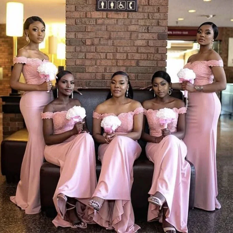 Appliqued Mermaid Bridesmaid Dresses Pink Long Off Shoulder African Wedding Guest Maid Of Honor Dress Party For Women - Color: Pink