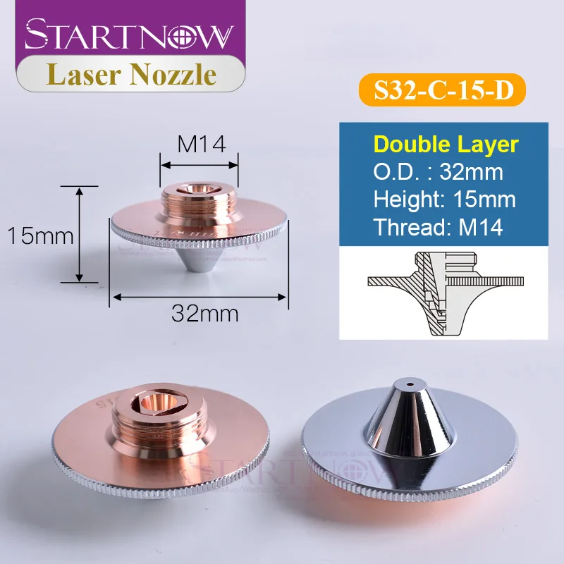 Dia.32 H15 M14 Однослойная/двухслойная волоконная насадка для лазерной резки калибра 0,8-3,0 мм, насадки для лазерной резки