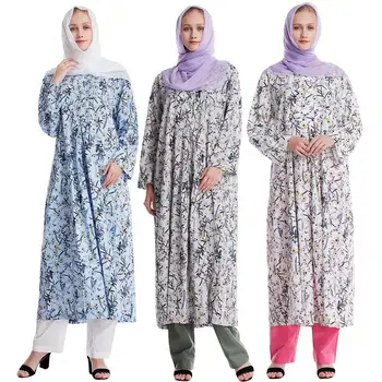 

2019 Muslim women floral abaya dress with pants set cotton islamic clothing two pieces arab malay suit