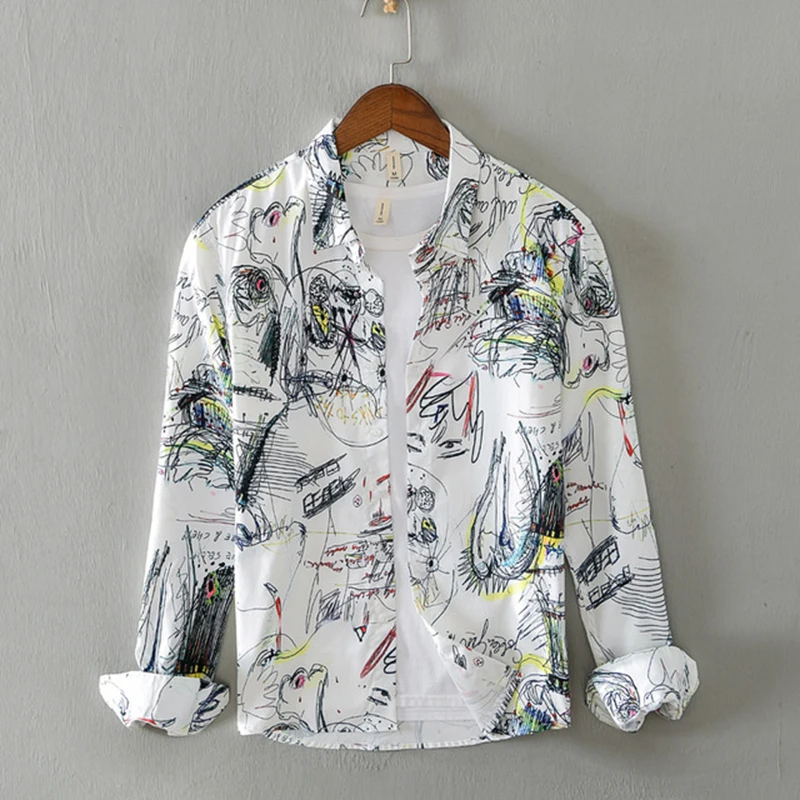 Long-Sleeved Shirt with Full Raw Graffiti Pattern Business Casual Dress Fancy Comfortable Breathable Autumn Shirts | Мужская одежда