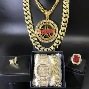 

Hip Hop Men Necklace Men Watch & Necklace & Braclete &Ring &Earrings Combo Set Ice Out Cuban Chain Necklace Hip Hop For Men