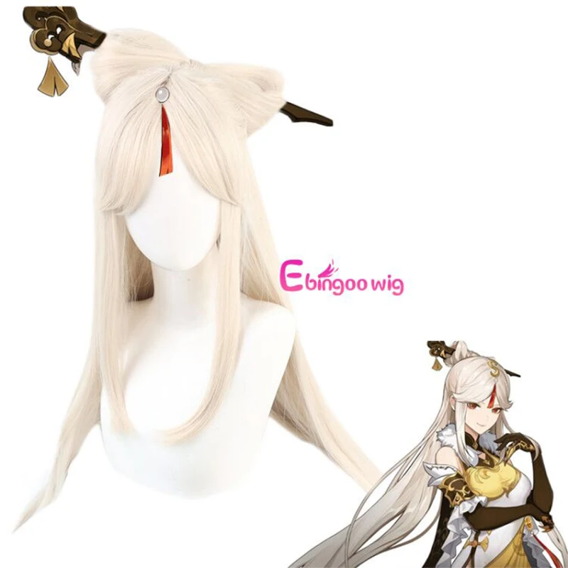 

ã€Ebingooã€‘Game Genshin Impact Ningguang Cosplay Wig Long Straight Beige Wigs with Bow Heat Resistant Synthetic Hair Halloween