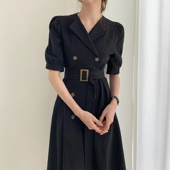 

Korean Lapel Double Breasted Women Long Dress White Black Office Lady V-neck Autumn Bodycon Dresses Casual Elegantes Sashes