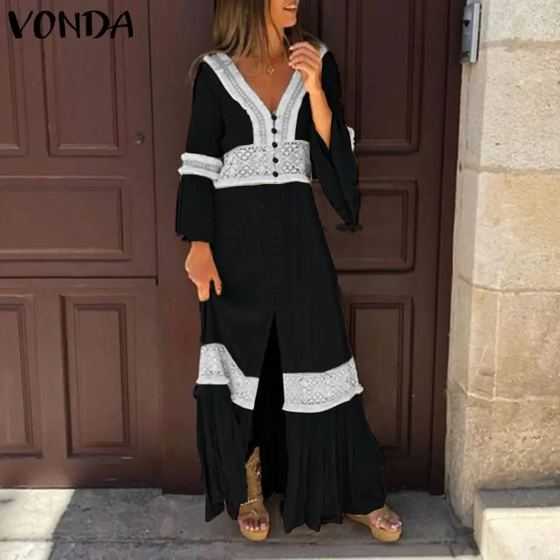 VONDA/ платье для беременных; винтажное повседневное кружевное платье с v-образным вырезом; богемные платья; осеннее платье с длинными рукавами для беременных; пляжный Сарафан