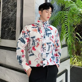

Male Streetwear Party Dress Shirts Men Long Sleeve Ruffled Stand Collar Loose Casual Floral Shirt Stage Show Costumes