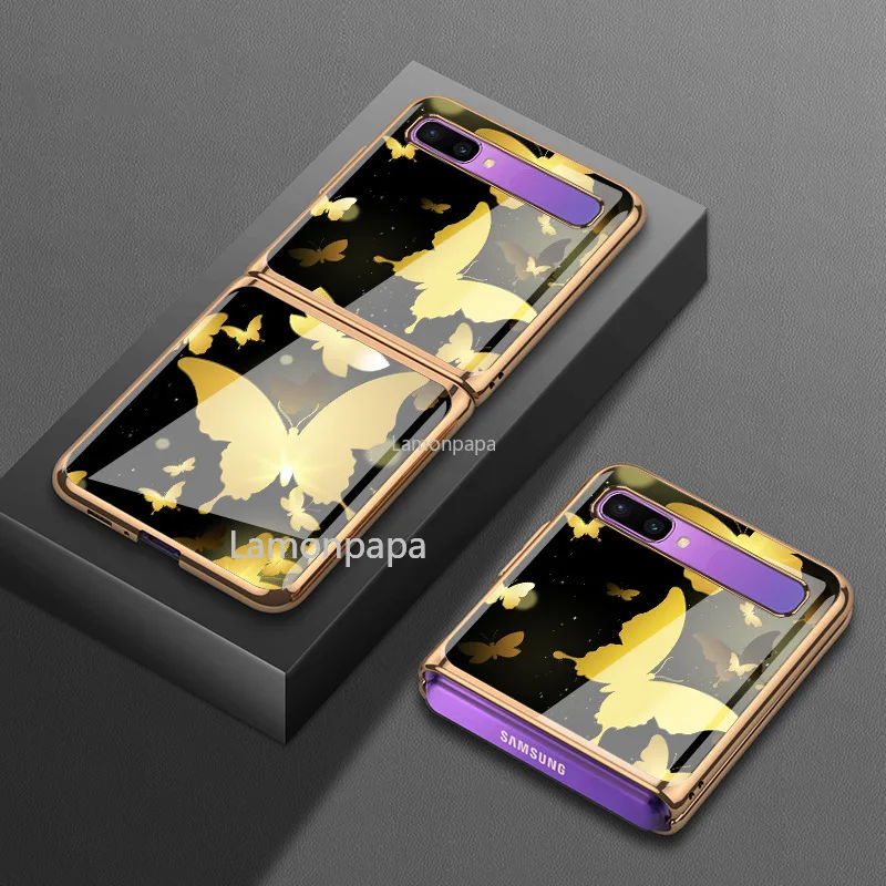 

Vintage Yellow Butterfly Case for Samsung Galaxy Z Flip 5G Cover F7000 Tempered Glass Shockproof Shell for Samsung Z Flip Case