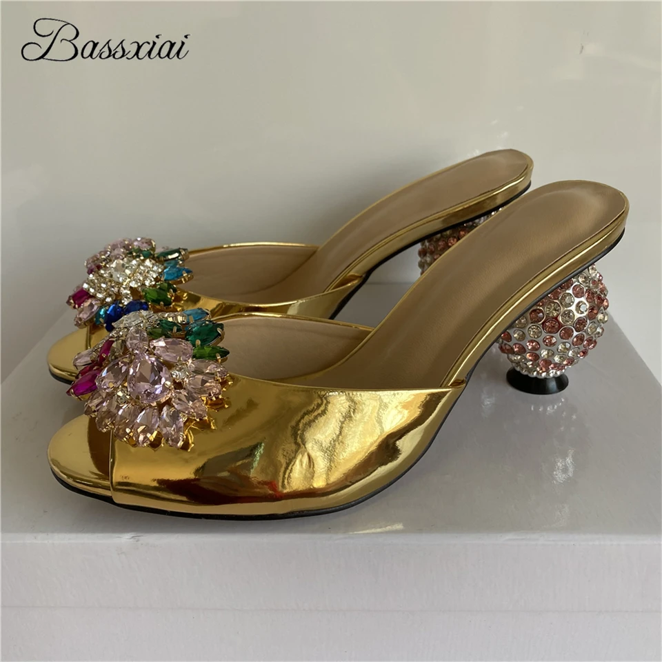 

Iridescent Rhinestone Flower Buckle Runway Mules 8cm Diamond Ball Heel Luxury Patent Leather Open Toe Slingbacks Sandals Women