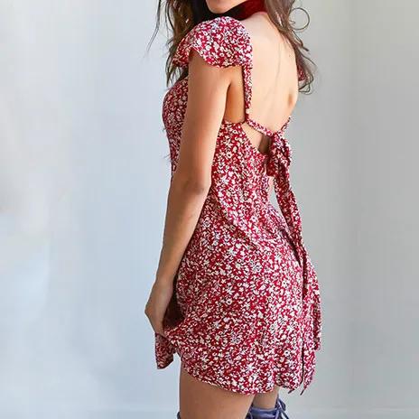 2020 летнее модное платье с цветочным принтом коротким рукавом и открытой спиной