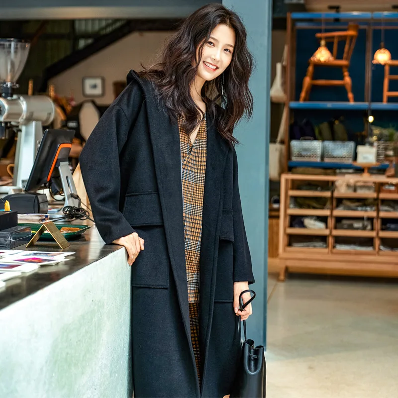 Winter New Woman Long Solid Hooded Belt Overcoat OL Style Elegant Runway Trench Coat Female Black Office Outerwear S-L