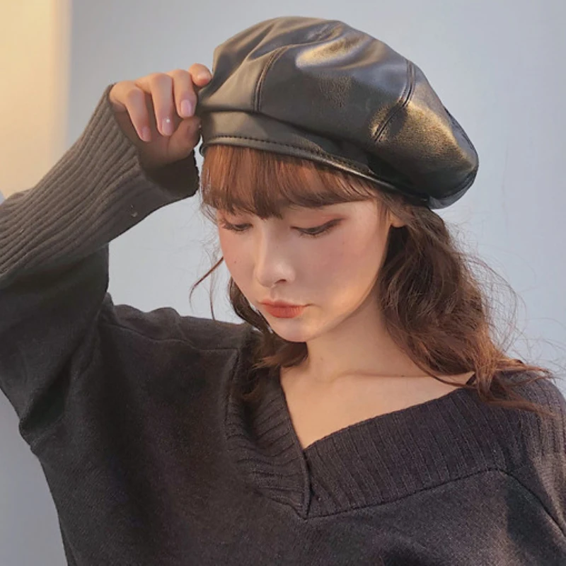 

Berets Solid Plain PU Leather Hat Female Octagonal Newsboy Cap Ladies Beret Hat Vintage Artist Painter Hat Women Berets