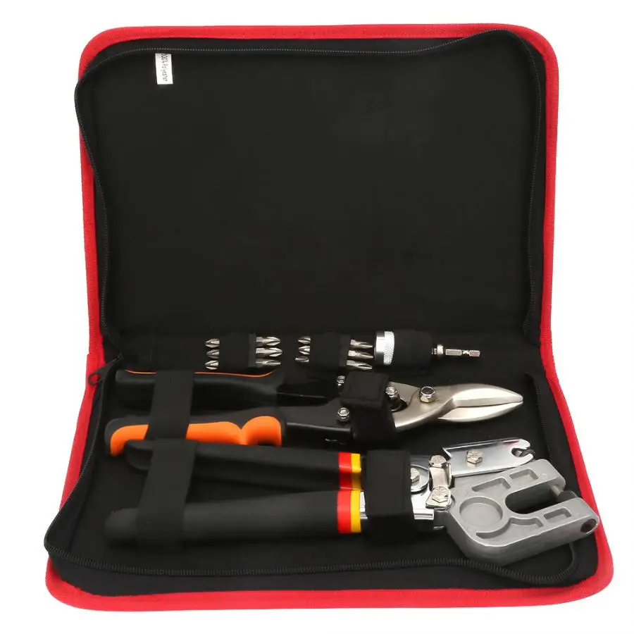 Aviation Snips / Stud Crimper / 1/4" Screwdriver Adapter Hand Tools Set w/ 12pcs PH2 Screw Bits for Metal Profiles Cutting