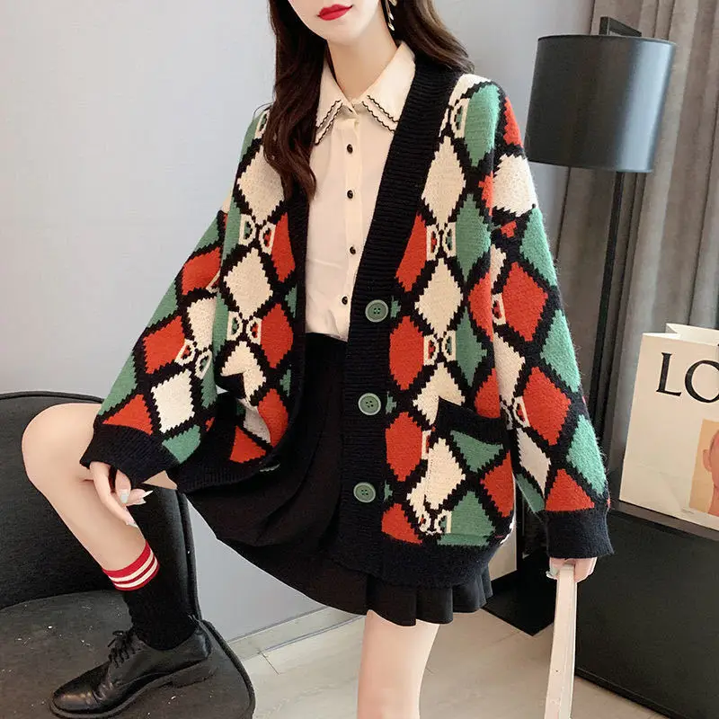 

Womens korean Fashon Street wear Loose Oversized Print Cardigans Sweaters Knited Outerwear New Styles 2020