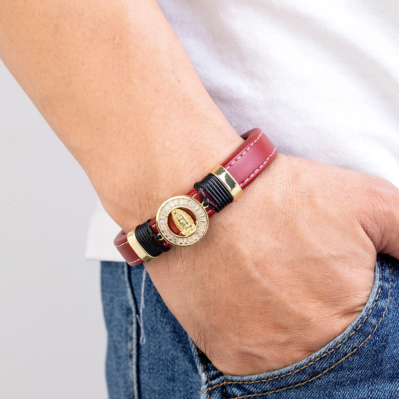 Fashion Match Micro Inlaid Zircon Virgin Goddess Charm Leather Bracelet Unisex Design Stainless Steel Bracelet bracelet jewelry