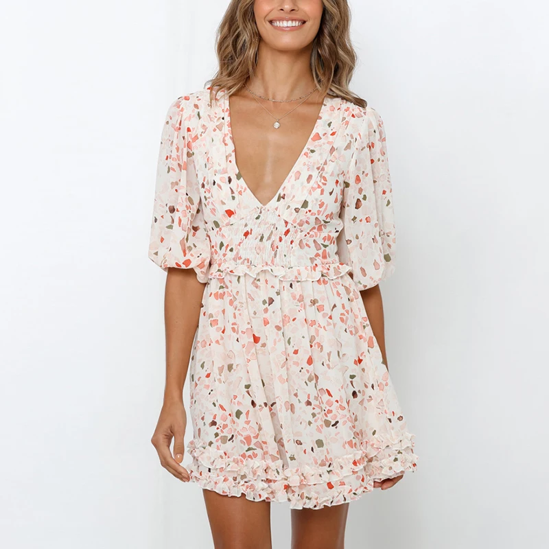 Летнее мини-платье с принтом женские пикантные плиссированные платья глубоким