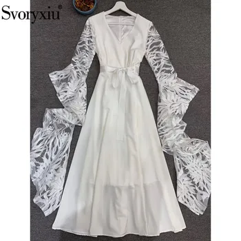 

Svoryxiu Fashion Designer Autumn Winter White Maxi Dress Women's Super Big Sequin Embroidery Sleeve Deep V-Neck Sexy Long Dress