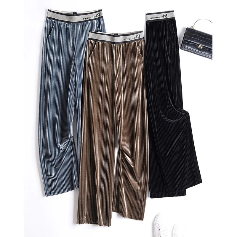 

Pleuche Wide Leg Pants Women's Spring and Autumn New Style High Waist Loose Slimming Draping Effect Corduroy Straight-Leg Pants
