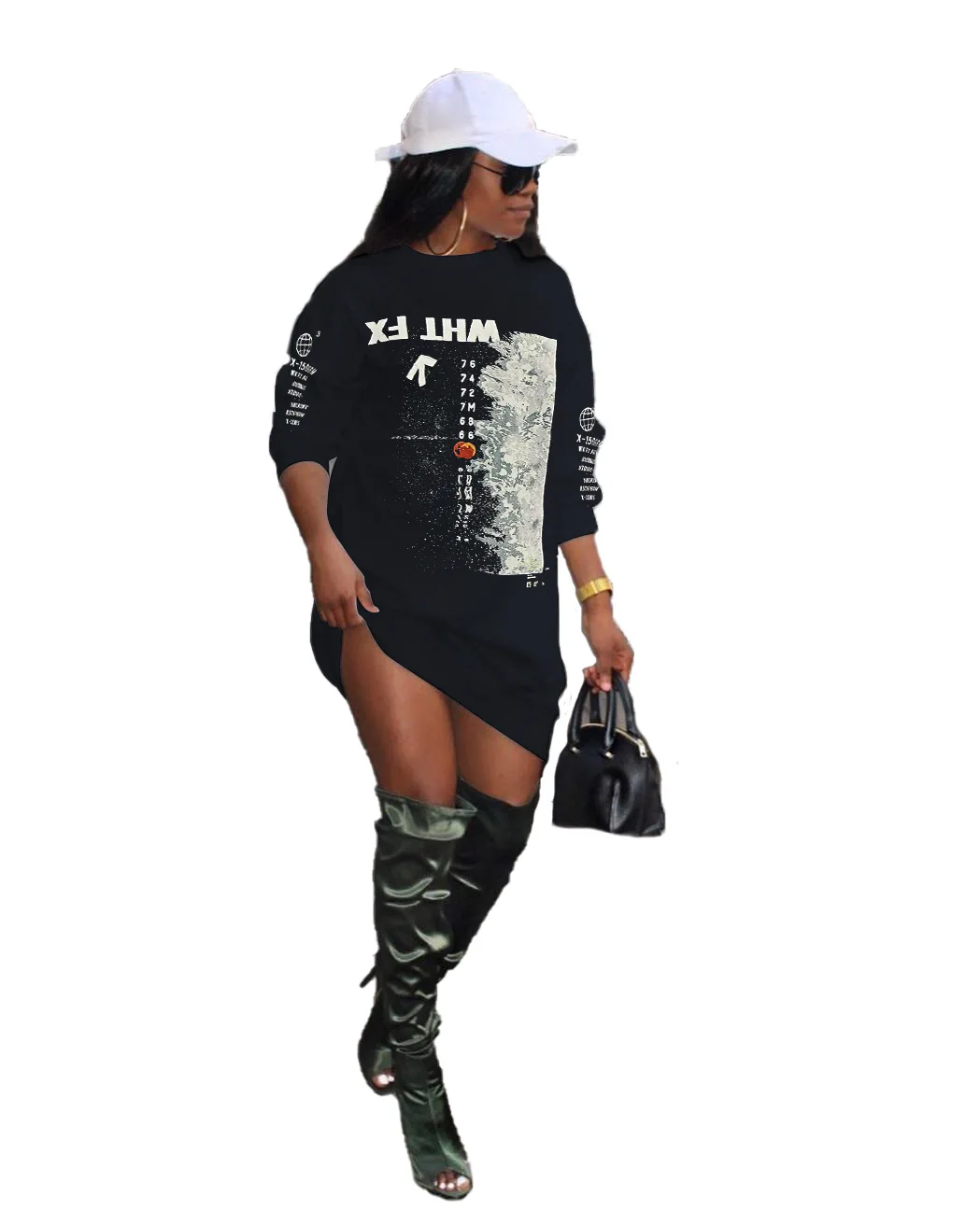 Women Casual Print Loose Mini Dress Long Sleeves O-neck Plus Size Women Clothing