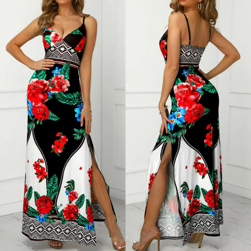 

Women Deep Sexy V-neck Maxi Bandage Boho Long Cocktail Beach Wear Floral Print Empire Evening Party Cocktail Long Waist Dress