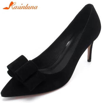 

Karinluna 2020 New Arrivals Kid Suede Thin High Heels Shoes Woman Pumps Pointed Toe Slip-On Bowtie Concise Pumps Women Shoes