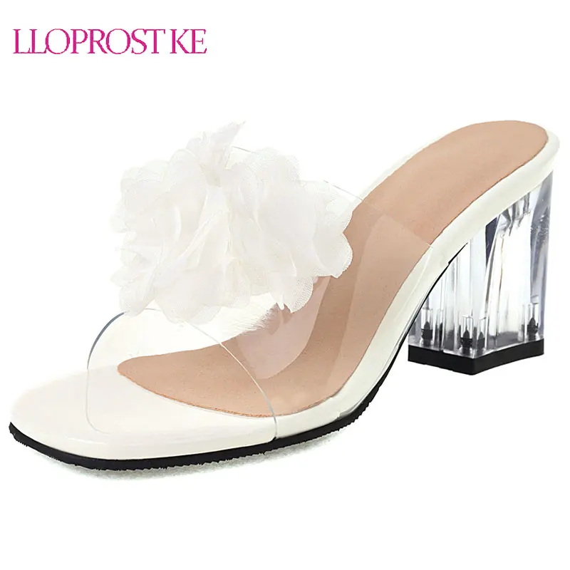 

Lloprost ke 2021 New Summer Fashion Sandals Thick High Heels Square toe Women Flower Flip-flop Slipper Shoes Woman Black White