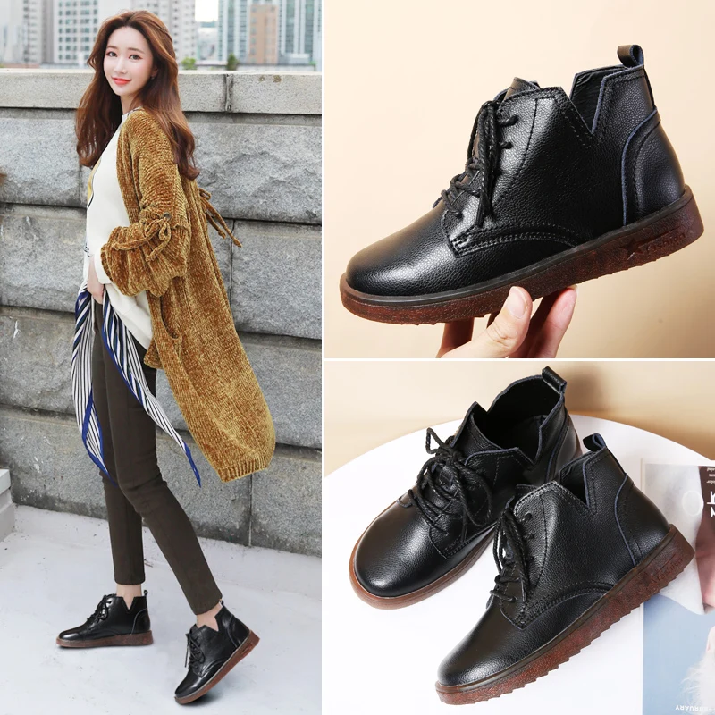 STQ/женские зимние ботинки; ботинки из натуральной кожи; женские теплые плюшевые зимние ботинки на плоской подошве; LSJ1207