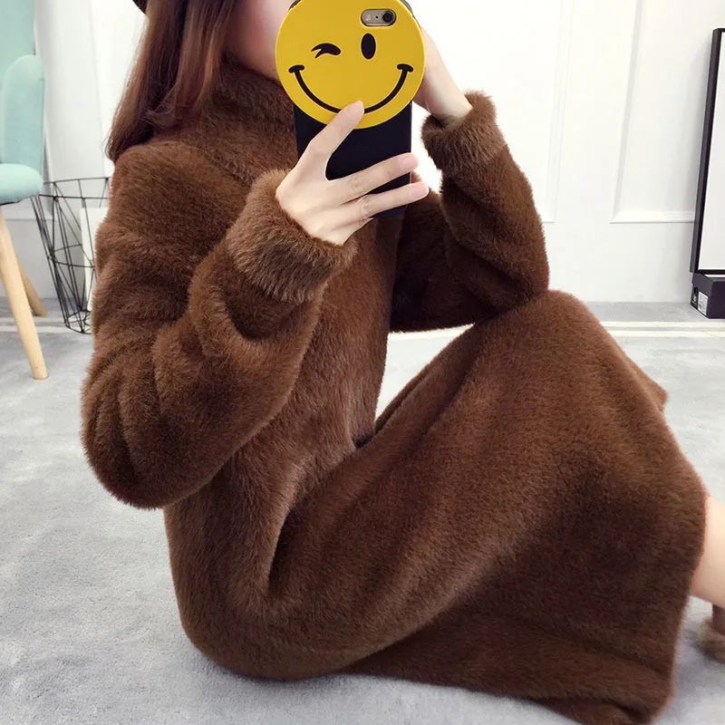 

Turtleneck Knitted Women Thick Loose Long New Imitation Velvet Long Sleeve Pullover Femme Warm Solid Color Base Dress MZ3006