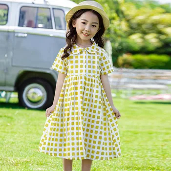

2020 Summer Girls Dress New Turn Down Collar Retro Kids Plaid Dresses Fashion Baby Cute Dress Children Toddler Clothes