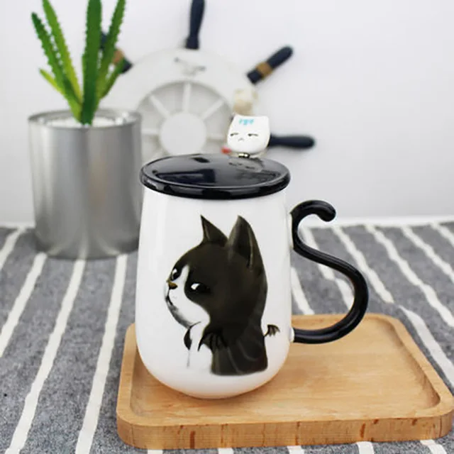 Mug A Керамика s милый кот Керамика Чай Кофе чашка деревянной ложкой Керамика крышка чашки Tazas де Керамика a Creativas посуда домашний, для напитков воды LZI012 - Цвет: Mug A