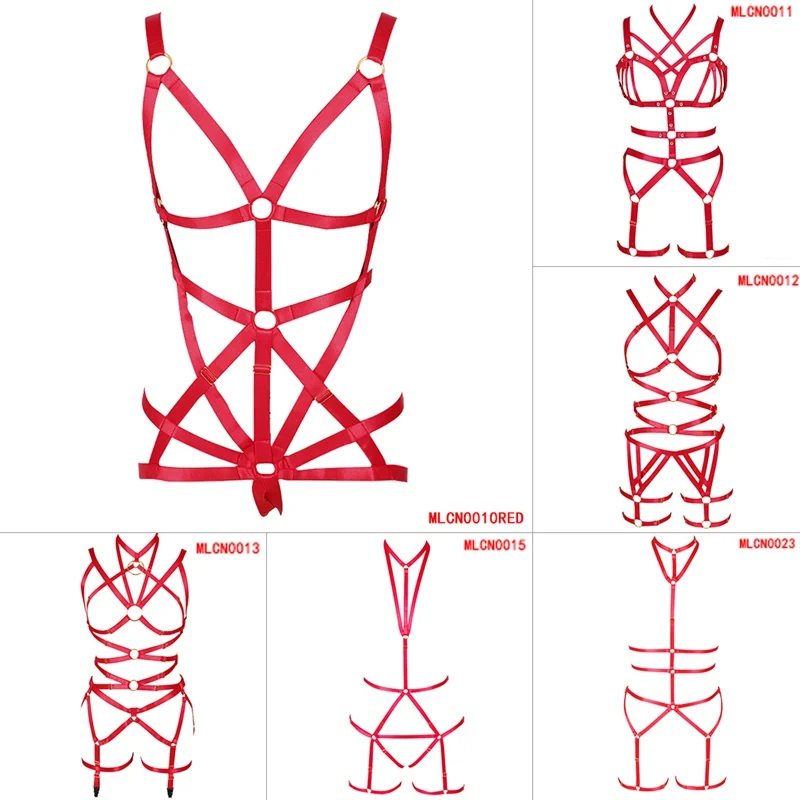 

Red Full Body Harness Sexy Lingerie Set Cage Bra Fetish Waist Bondage Strap Adjust Chest Hollow Out Tops Dance Rave for Women