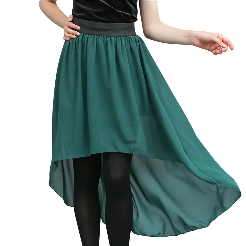 Bohemian Style Dip Hem Long Chiffon Skirts Elastic Waist High Low Long Pleated Asymmetric Solid Color Chiffon Skirts 4 Colors - Цвет: green