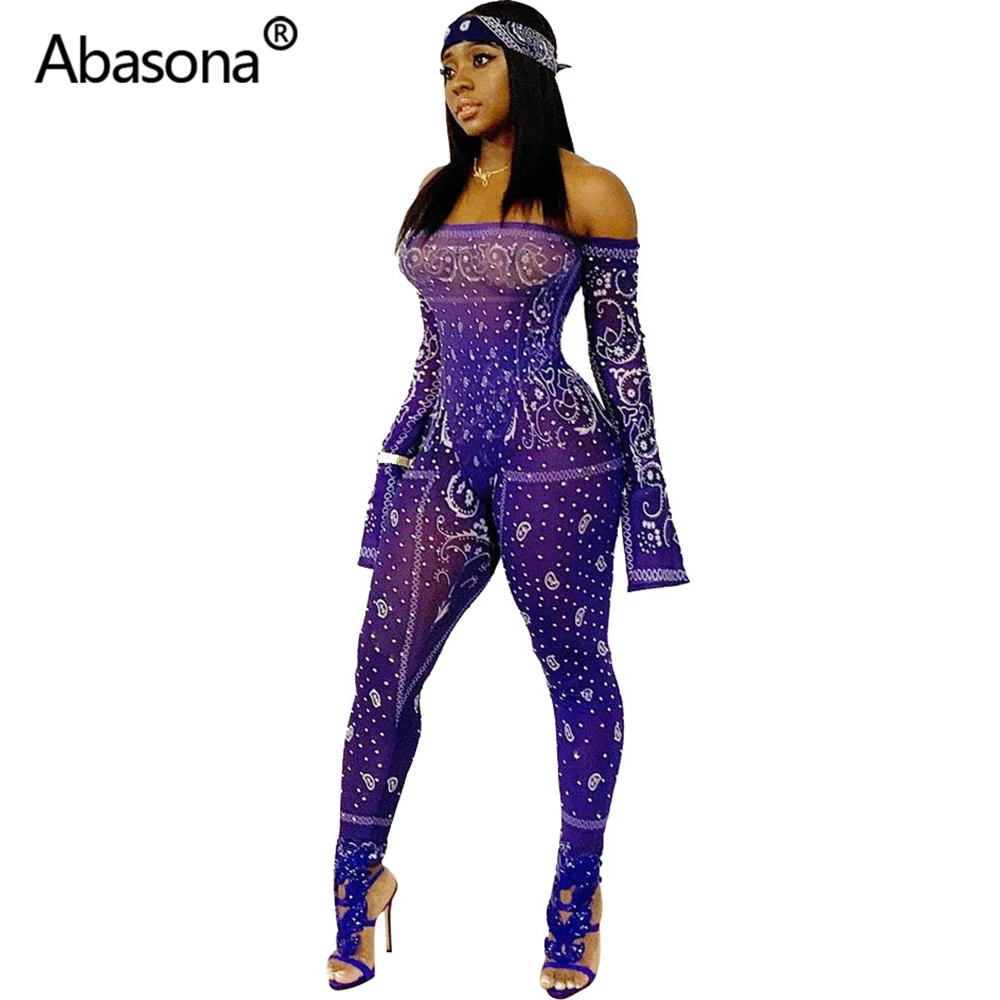 Abasona Autumn Winter Strapless Vintage Geometric Printed Sexy Bodycon Rompers Womens Junmsuit Skinny Overalls Party Night Club