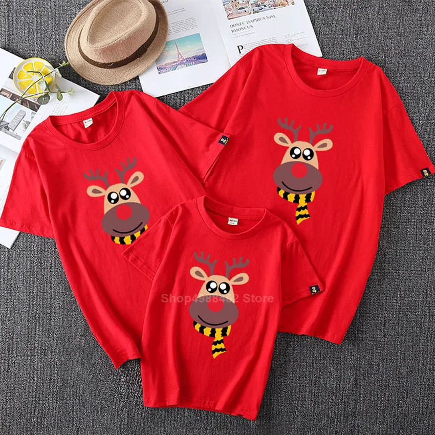 

New Year Family T-shirt Mother Daughter Father Son Reindeer Elk Christmas Tees Cotton Soft Comfy Summer Xmas Matching Tops