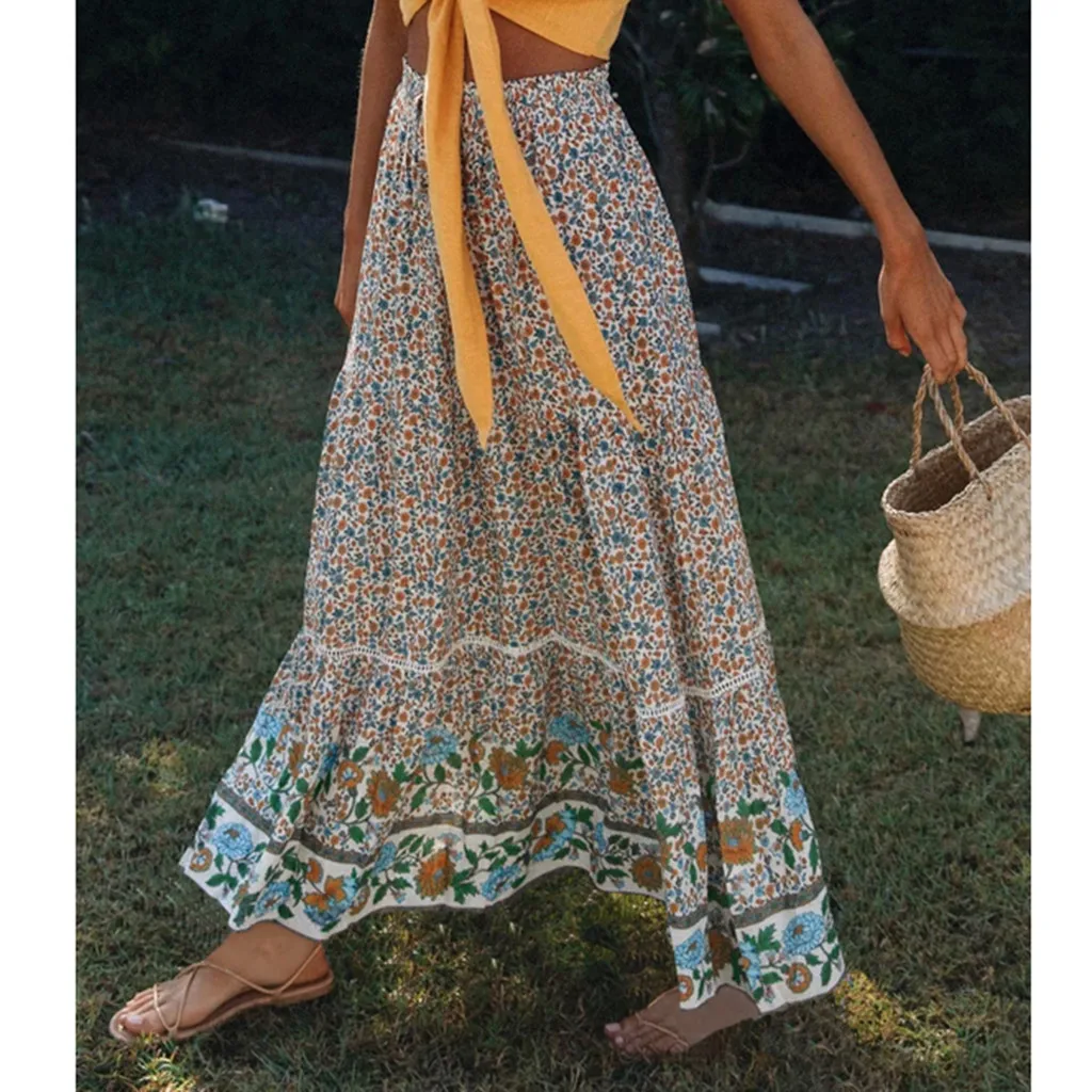 Винтажная Бохо длинная юбка размера плюс с цветочным принтом, плиссированные макси юбки для девушек, высокая талия, праздничная пляжная женская юбка, Saia Longa#3