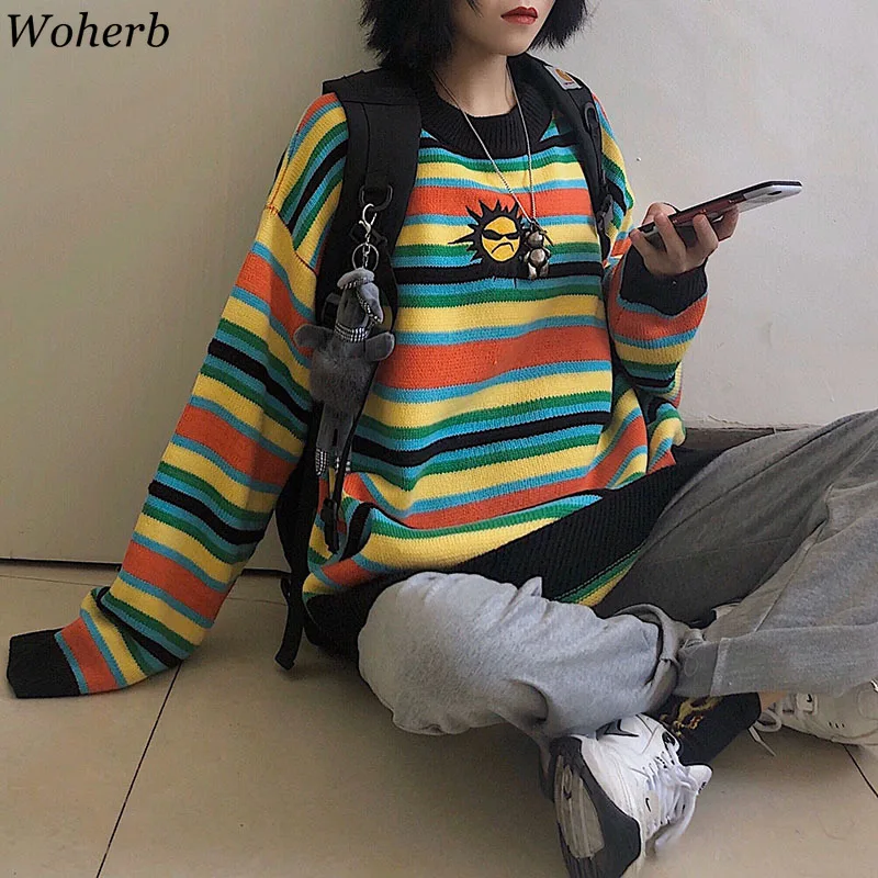 Woherb, корейский стиль, Harajuku, радужные полосатые пуловеры, джемперы с длинным рукавом, Ретро стиль, свободный свитер, женская мода, новинка 91320