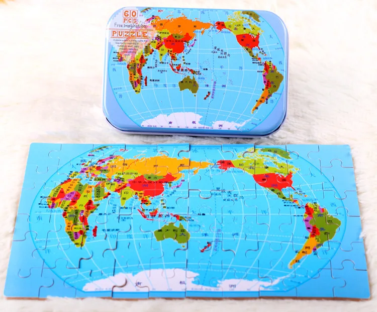 

World Map 60 Pieces Of Iron Box Puzzle Children'S Puzzle Educational Toys 13*8.5*3cm Boxed
