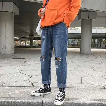 

Autumn hole jeans Korea winter new super fire port trend men's simple retro hole jeans blue student casual loose blue jeans 2019