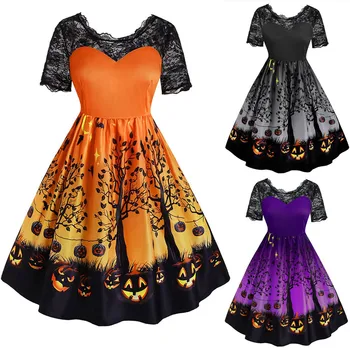 

Dress Women Dress Vintage платье Patchwork Lace Short Sleeve Halloween 50s Housewife Evening Party Dress Free Ship Z4