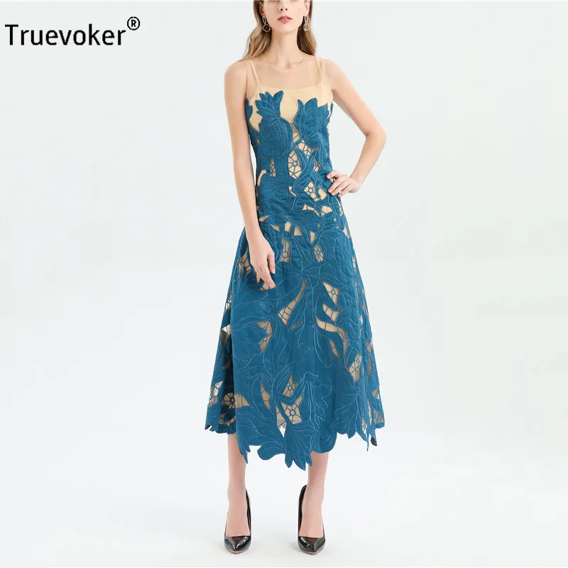 Truevoker летняя дизайнерская Высокая уличная мода праздничные платья женские без рукавов синий вышивка вырез миди вечерние платья