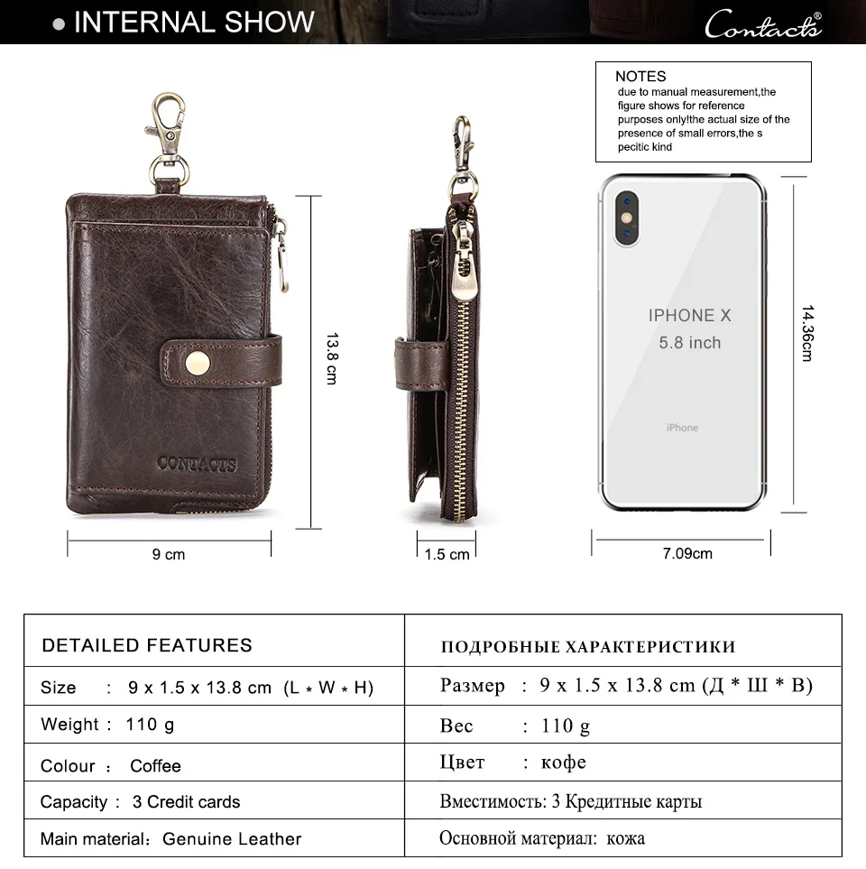 Contact's Genuine Leather Men Key Wallet With Zipper Coin Purse Credit Card Holder Rfid Short Wallet Business Male Car Keychain