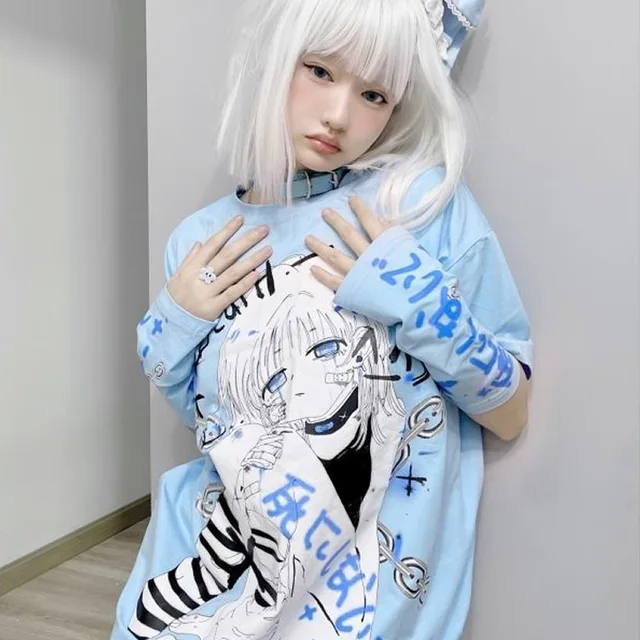 Blusa feminina com capuz Y2K anime Harajuku japonês Kawaii Emo