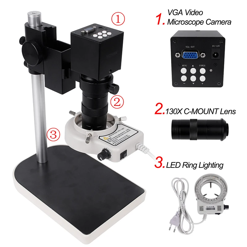 Наборы микроскопов 60F/S VGA промышленный микроскоп камера+ 130X C крепление объектива+ светодиодный кольцевой свет для чип для телефона ремонт - Цвет: YI1-SM130XVGA200LED