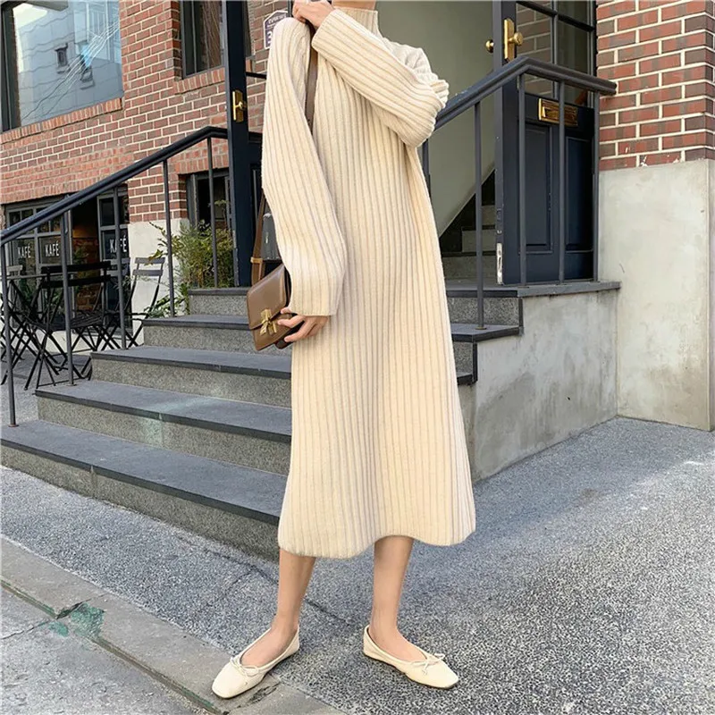 

Turtleneck Long Sweater Dress Women Thick Knitted Sweater High Elasticity Female Rib Slim Dresses Winter Warm Pullover Dresses