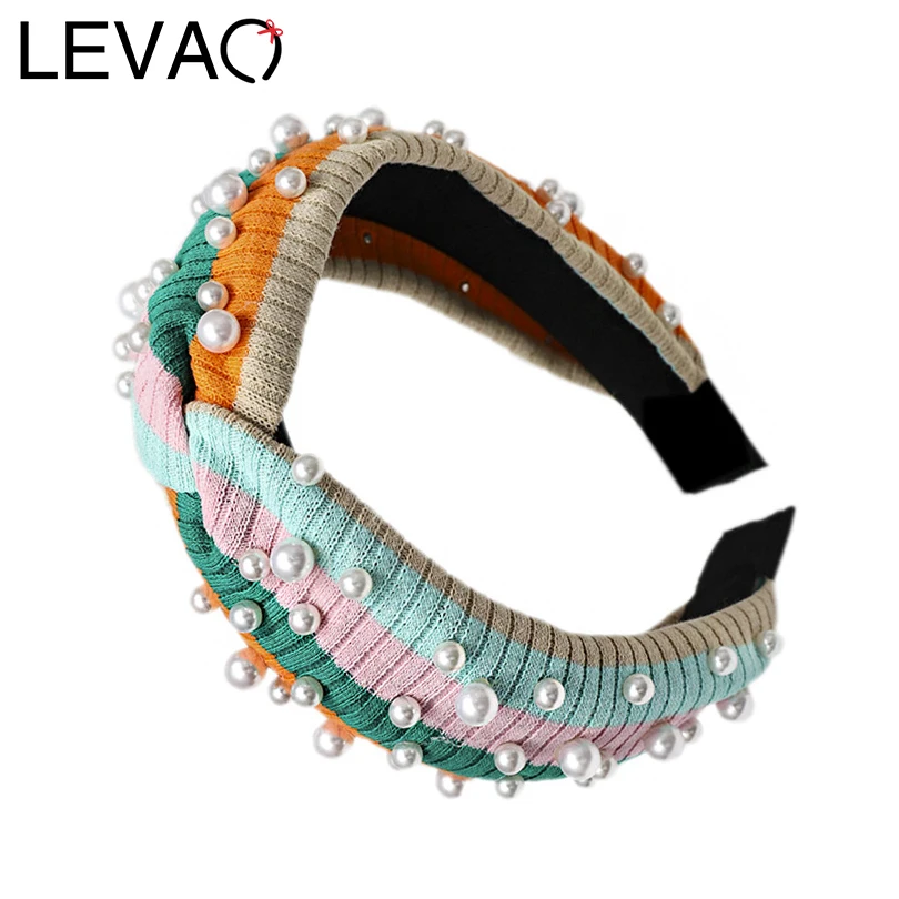LEVAO, модные жемчужные полосатые аксессуары для волос, для девушек, ручная вязка, повязка на голову, завязанная крестиком, ободок, тюрбан, обруч для волос для женщин, повязка на голову