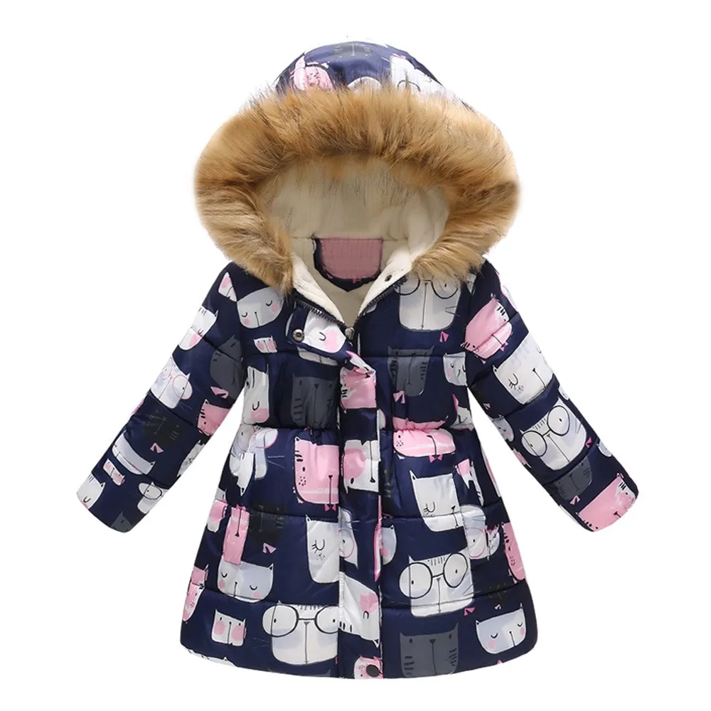 Зимняя теплая куртка с цветочным принтом для маленьких девочек и мальчиков; ветрозащитное пальто с капюшоном; пальто для девочек; коллекция года; зимняя теплая детская куртка - Цвет: Navy
