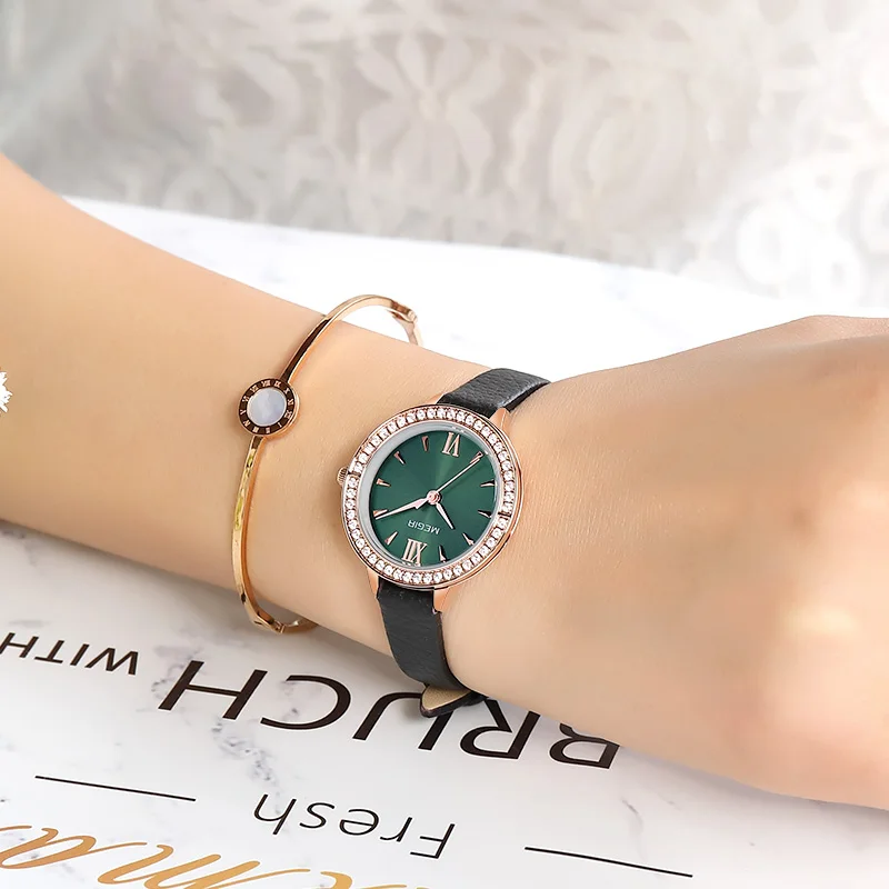 MEGIR женские часы Reloj Mujer Green Face кожаный ремень роскошь женские часы с бриллиантамы женские Relogio Feminino женские часы