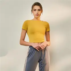 2019 Новый стиль INS онлайн плотно прилегающие мелкий рубчик Спортивная футболка Для женщин хлопок полиуретан дышащая Для женщин шор