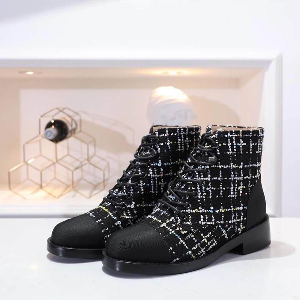 

SONFRNCH 2019 Autumn and Winter New Small Fragrance Round-Headed Martin Boots with Ribbons, Shoes and Bare Boots